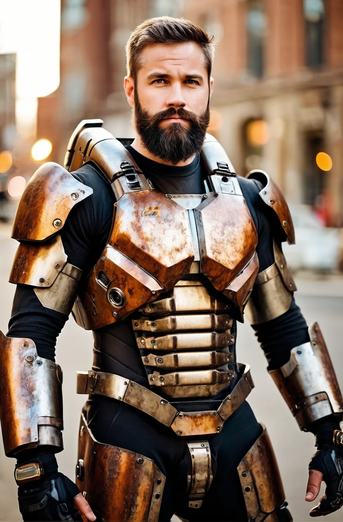 Portrait photo of muscular bearded guy in a worn mech suit, ((light bokeh)), intricate, (steel metal [rust]), elegant, sharp focus, photo by greg rutkowski, soft lighting, vibrant colors, (masterpiece), ((streets)), (detailed face:1.2),