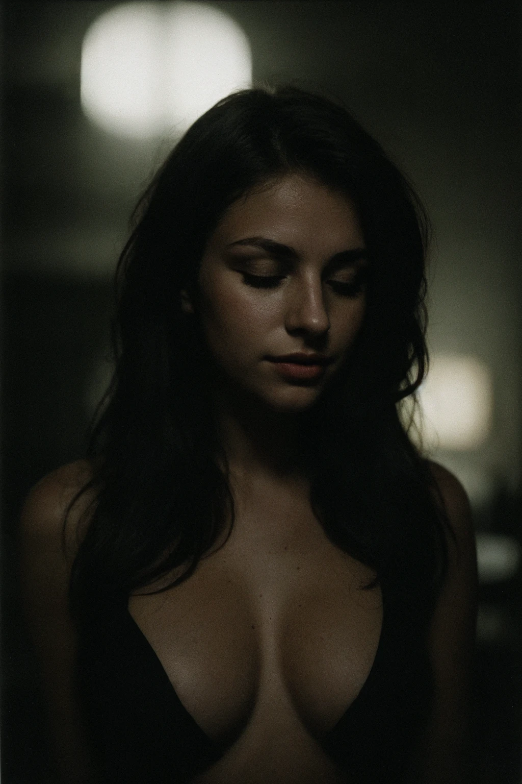 Deep photo, depth of field, ferrania p30 film, shadows, messy hair, perfect face and body, dark, nighttime, dark photo, grainy, dimly lit, seductive smirk, harsh camera flash ((eyes closed))