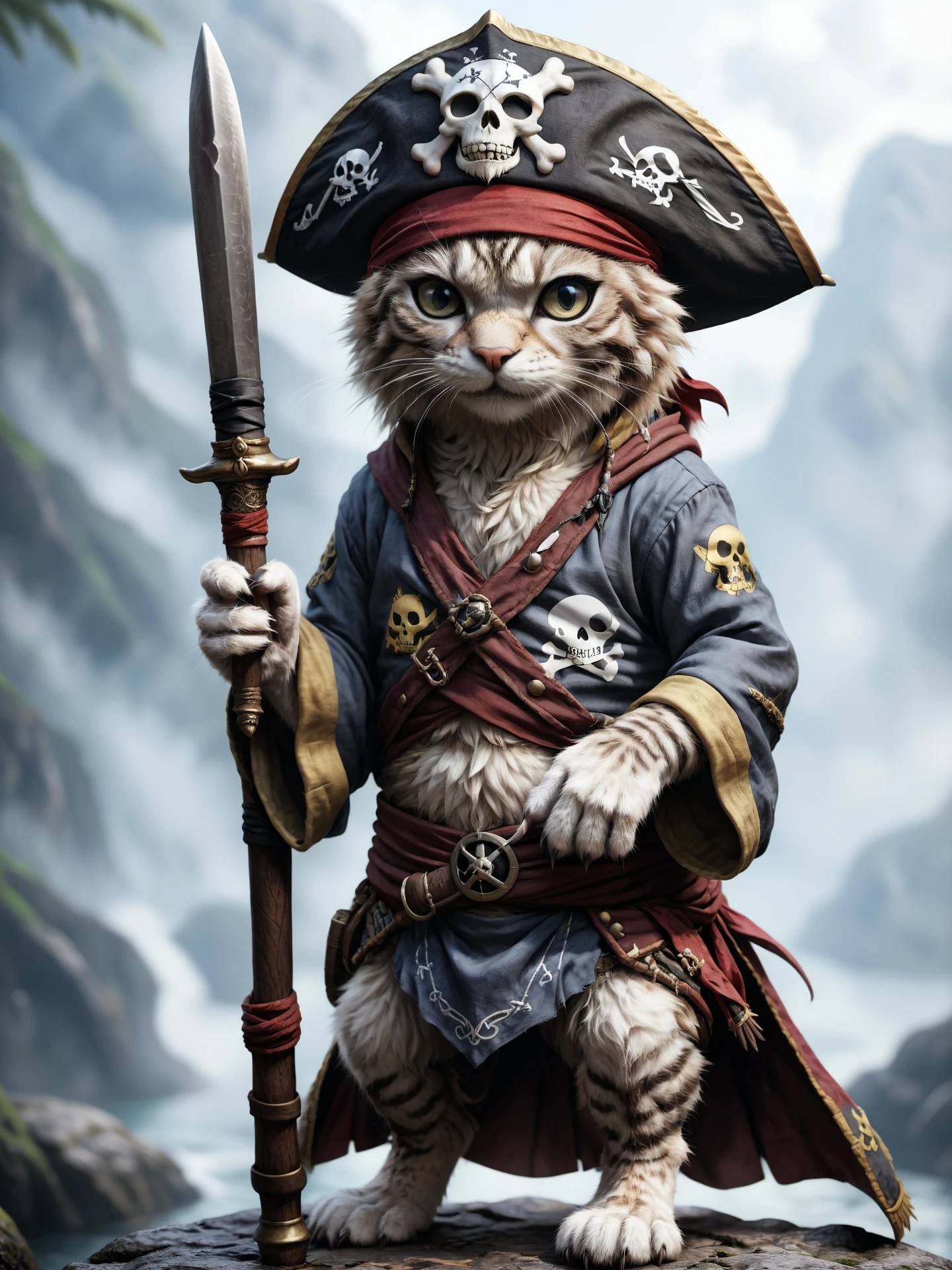 a cute anime cat that wearing a pirate outfit like in the one piece manga, detailed, realistic, 8k uhd, high quality