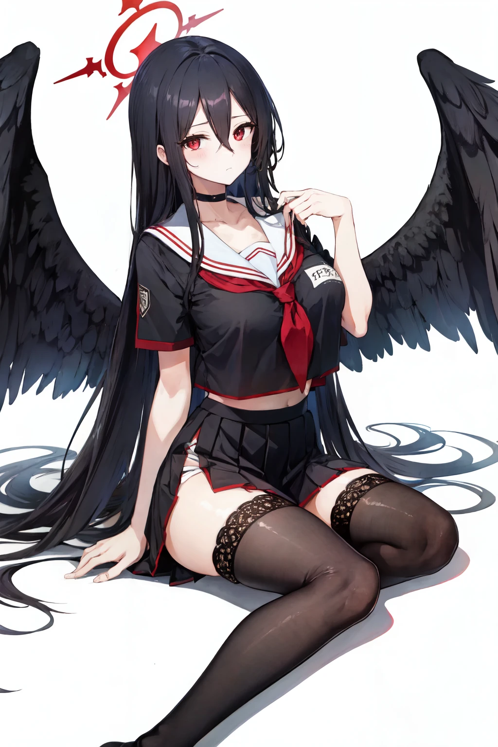 <lora:hasumi-v2:1>  hasumi ba, very long hair, long hair, skirt, choker, solo, school uniform, black thighhighs, black serafuku, black hair, sitting, white background, wings, large breasts, blush, black skirt, serafuku, 1girl, black choker, looking at viewer, hair between eyes, parfait, red eyes, black wings, thighhighs ,halo