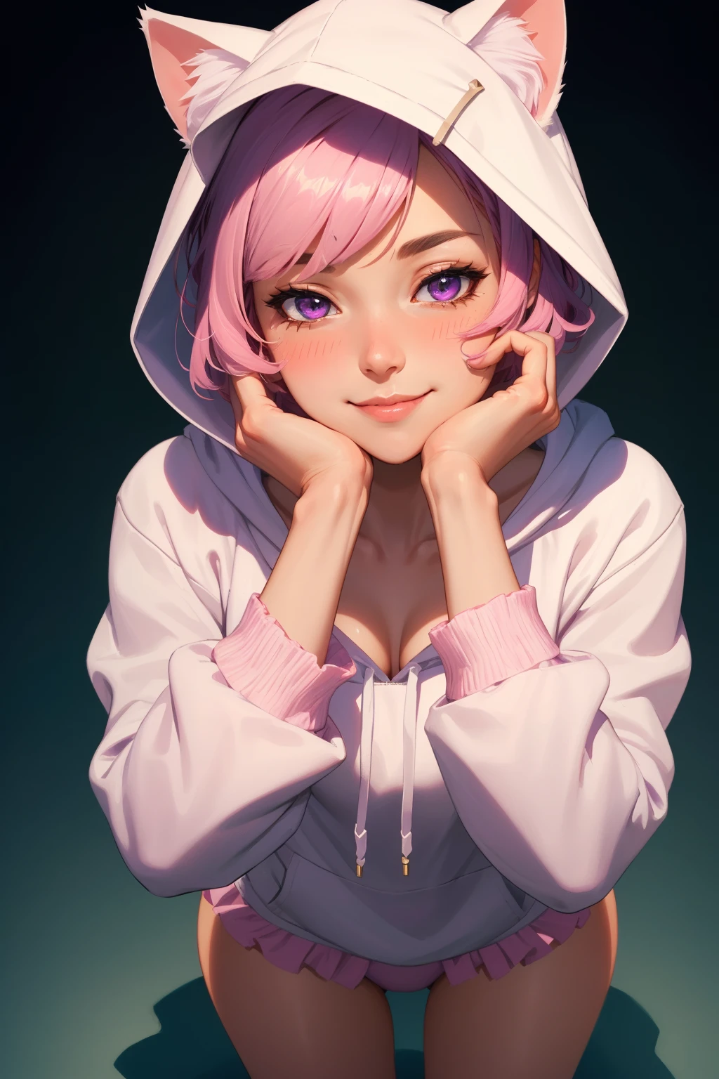 (mature woman:1.3), adult, solo, Pink short hair, purple eyes, medium chest, blush, smile, (white hooded sweatshirt:1.1), (cat ears on hood:1.1), (white panties with ruffles:1.1), (hands near face:1.2), (masterpiece), (high quality), (best quality), (detailed), hd, perfect lighting, detailed face, detailed body, full body,