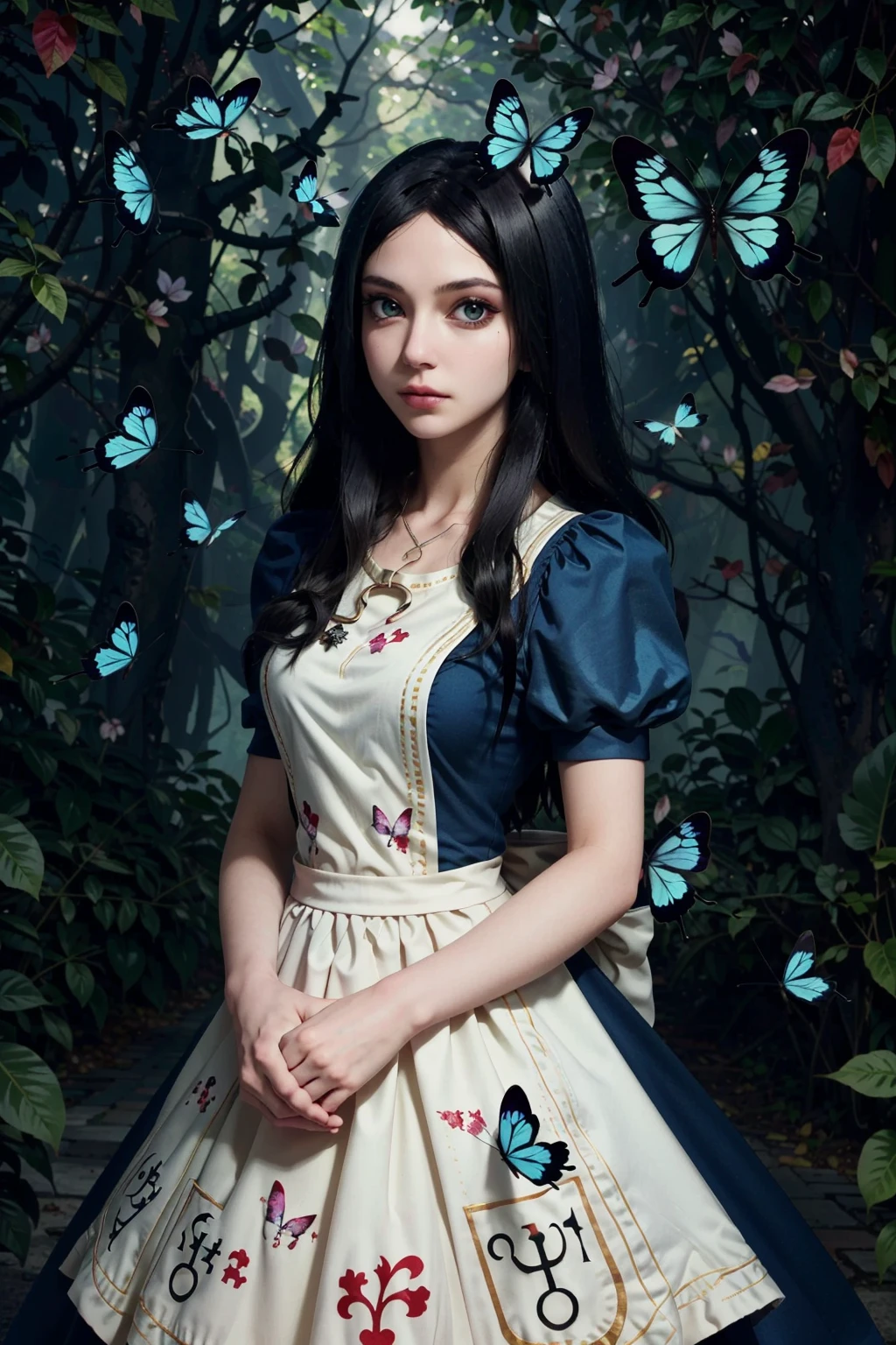 (masterpiece, best quality)
AliceHorror, 1girl, solo, black hair, wonderland background, butterfly
<lora:epi_noiseoffset2:1>, <lora:AliceHorror:0.8>