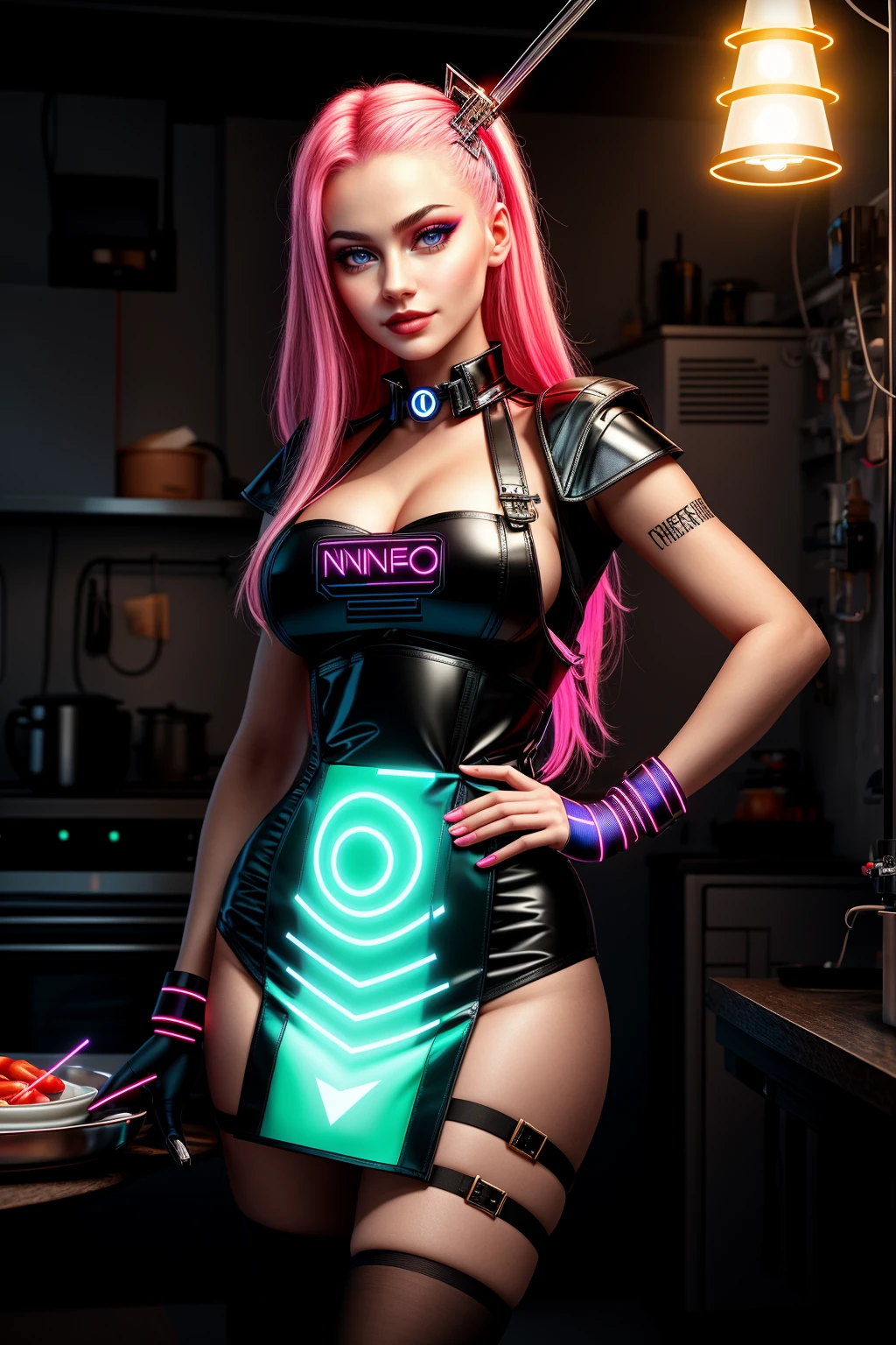 ((Masterpiece, best quality,edgQuality)),smirk,smug,((neons, electric circuits))
edgFut_clothing,edgApron, a woman in a ([futuristic outfit|apron]::0.75) standing in a room ,wearing  [edgFut_clothing|edgApron],
 <lora:edgFuturisticAprons:1>