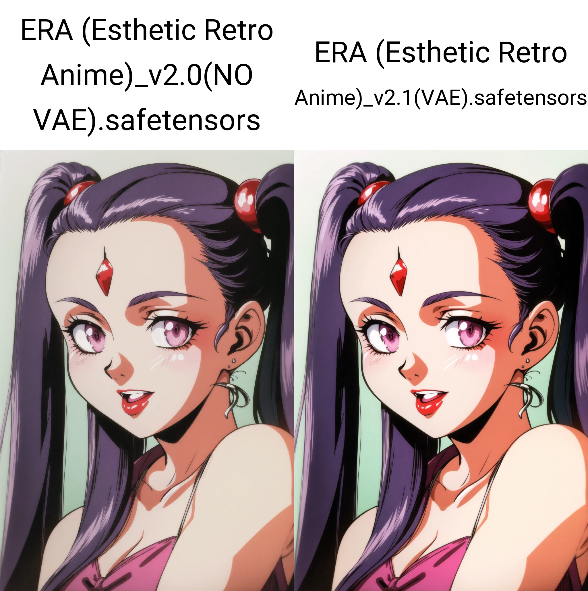 alielle, 1girl, solo, long hair, looking at viewer, smile, open mouth, bare shoulders, twintails, blue hair, purple eyes, collarbone, upper body, ponytail, purple hair, parted lips, sleeveless, pink eyes, lips, parted bangs, makeup, facial mark, lipstick, portrait, close-up, forehead mark, red lips, retro artstyle, forehead jewel, 1990s (style)