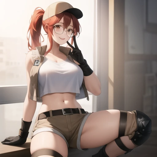 (masterpiece, best quality:1.2),illustration,8k,hd,1girl,solo,large breasts,round eyewear,hat,crop top,midriff,gloves,navel,baseball cap,knee pads,short shorts,ponytail,boots,brown eyes,brown shorts,belt,smile,fanny pack,brown headwear,red hair,hip vent,tank top,long hair,vest,<lora:Fio Germi>,