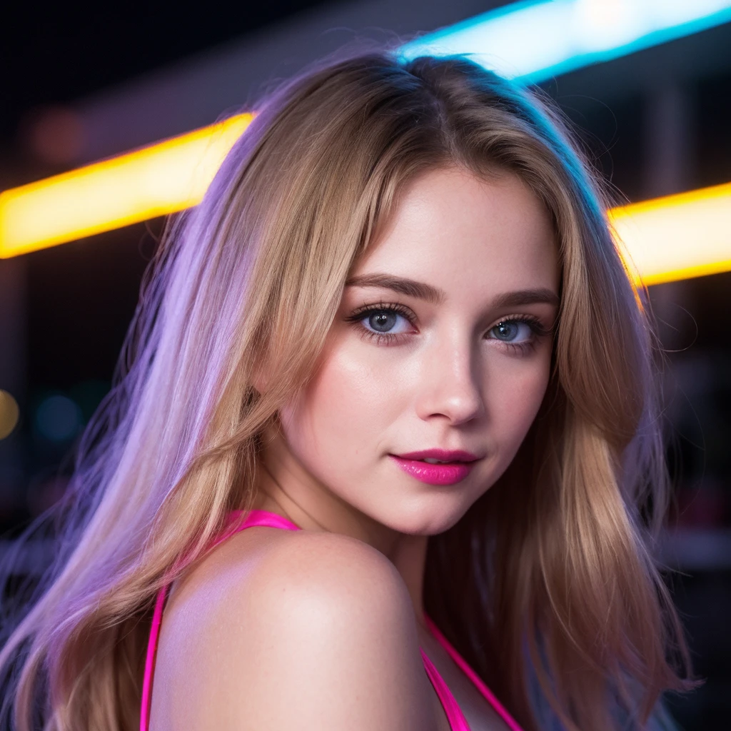 (dynamic angle:1.3), (beautiful face:1.2), dark sky, (nighttime:1.2), neon lights, photo of (happy:1.2) girl in the neon street, upper body, looking to the side, satin top, (long:1.2) blonde hair, volumetric light, masterpiece, 8k, (best quality:1.3), (intricate details:1.1), subsurface scattering, ultrarealistic,
