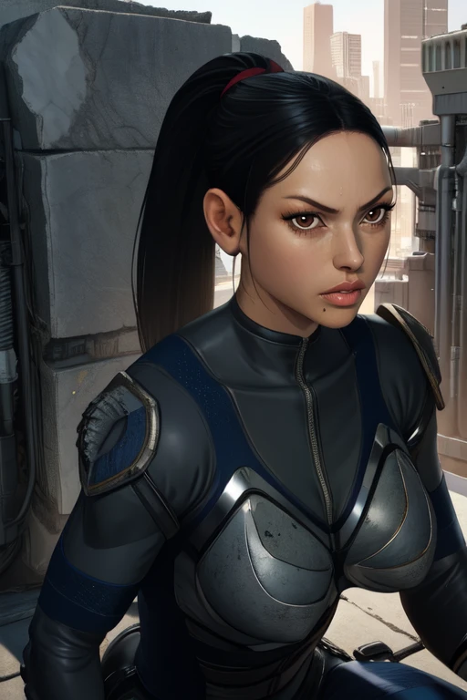faye, ponytail, lips, black hair, brown eyes,
black body suit, armor, sitting,
looking at viewer, solo, upper body,
city, futuristic, serious,
(insanely detailed, beautiful detailed face, masterpiece, best quality),
<lora:faye:0.8>