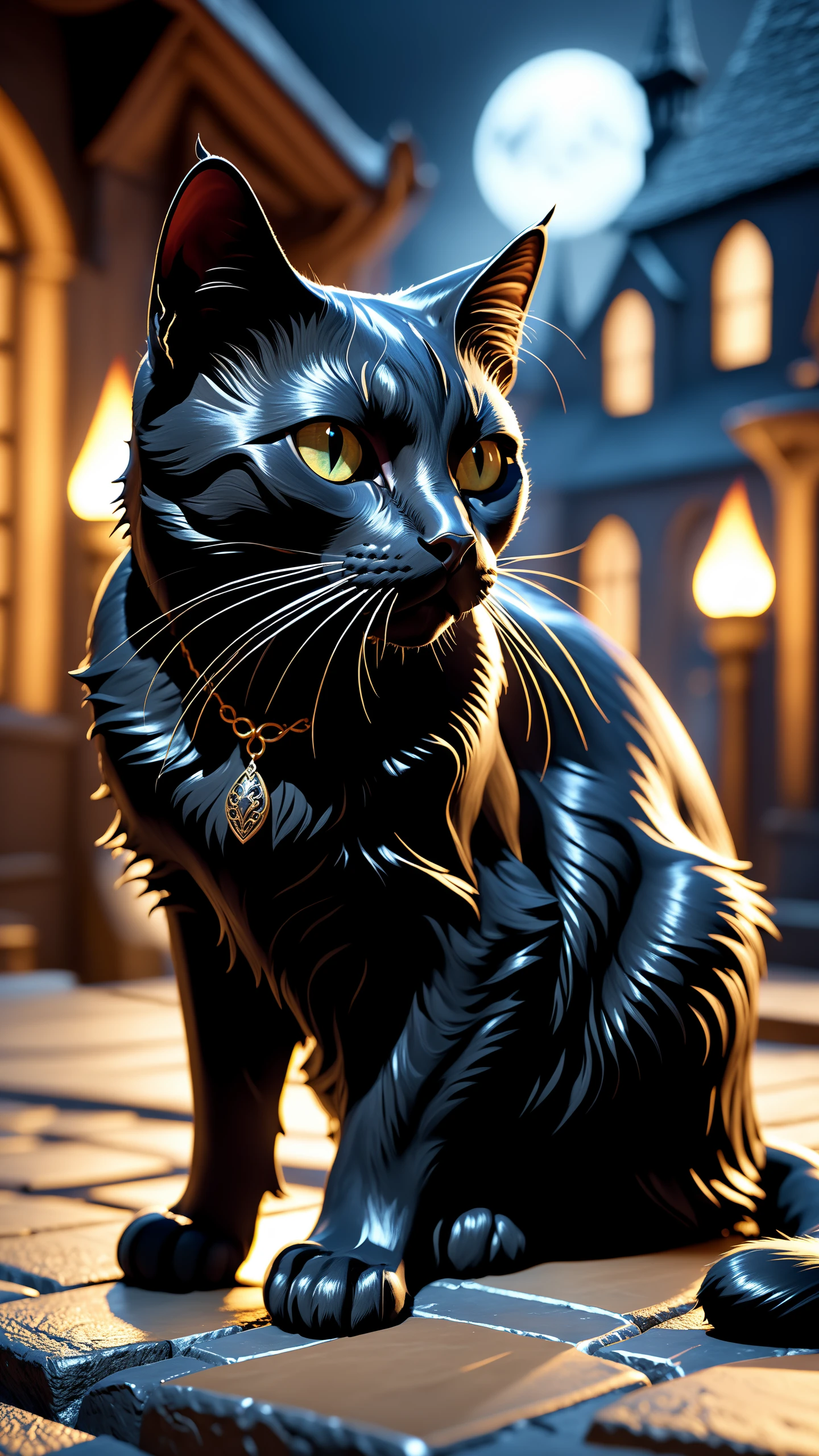 (dark magic), (grim), the black cat, dynamic pose, (intricate details), (hyperdetailed), 8k hdr, high detailed, lot of details, high quality, soft cinematic light, dramatic atmosphere, atmospheric perspective, realistic, photorealistic