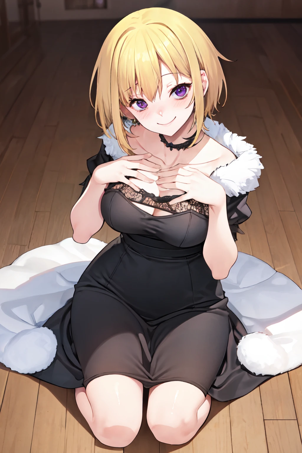 jjune style, blonde hair, large breasts,  kneeling, 1girl, black dress, smile, looking at viewer, solo, fur trim, collarbone, dress, short hair,  blush, purple eyes,hand on own chest<lora:jjune_style:1>