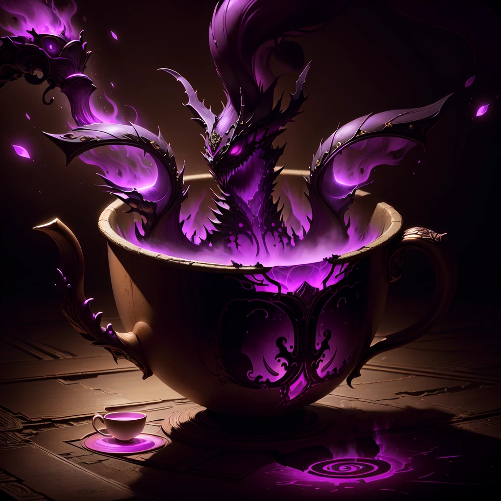 Masterpiece, extremely detailed, absurdres, <lora:WorldofShadows:0.8>, fantasy, worldofshadows, teacup, shadow aura, purple glow