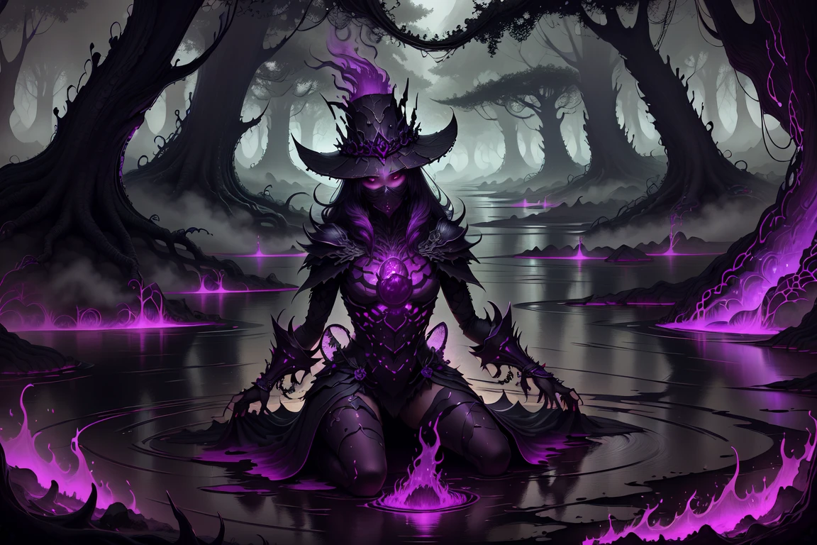 Masterpiece, extremely detailed, absurdres, <lora:WorldofShadows:0.8>, fantasy, magical, dark magic, worldofshadows, forest with a purple toxic lake, purple and black, shadow aura,