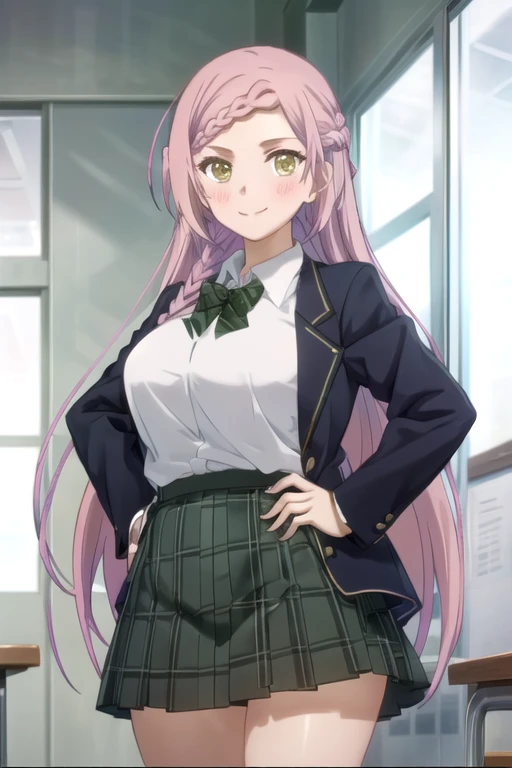 (((pixel-perfect, detail-perfect))), solo, 1girl, <lora:kochou-norin-01:0.8>, kochou yoshida, school uniform, blazer, green skirt, plaid skirt, hands on hips, looking at viewer, smile