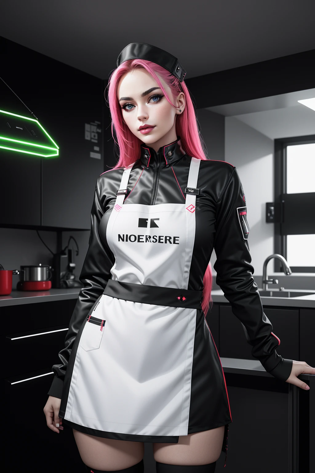 ((Masterpiece, best quality,edgQuality)),smirk,smug,((neons, electric circuits,edgFut_clothing))
edgApron,edgFut_clothing, a woman in a futuristic suit and apron standing in a room ,wearing edgFut_clothing,wearing edgApron
<lora:edgFuturisticAprons:1>