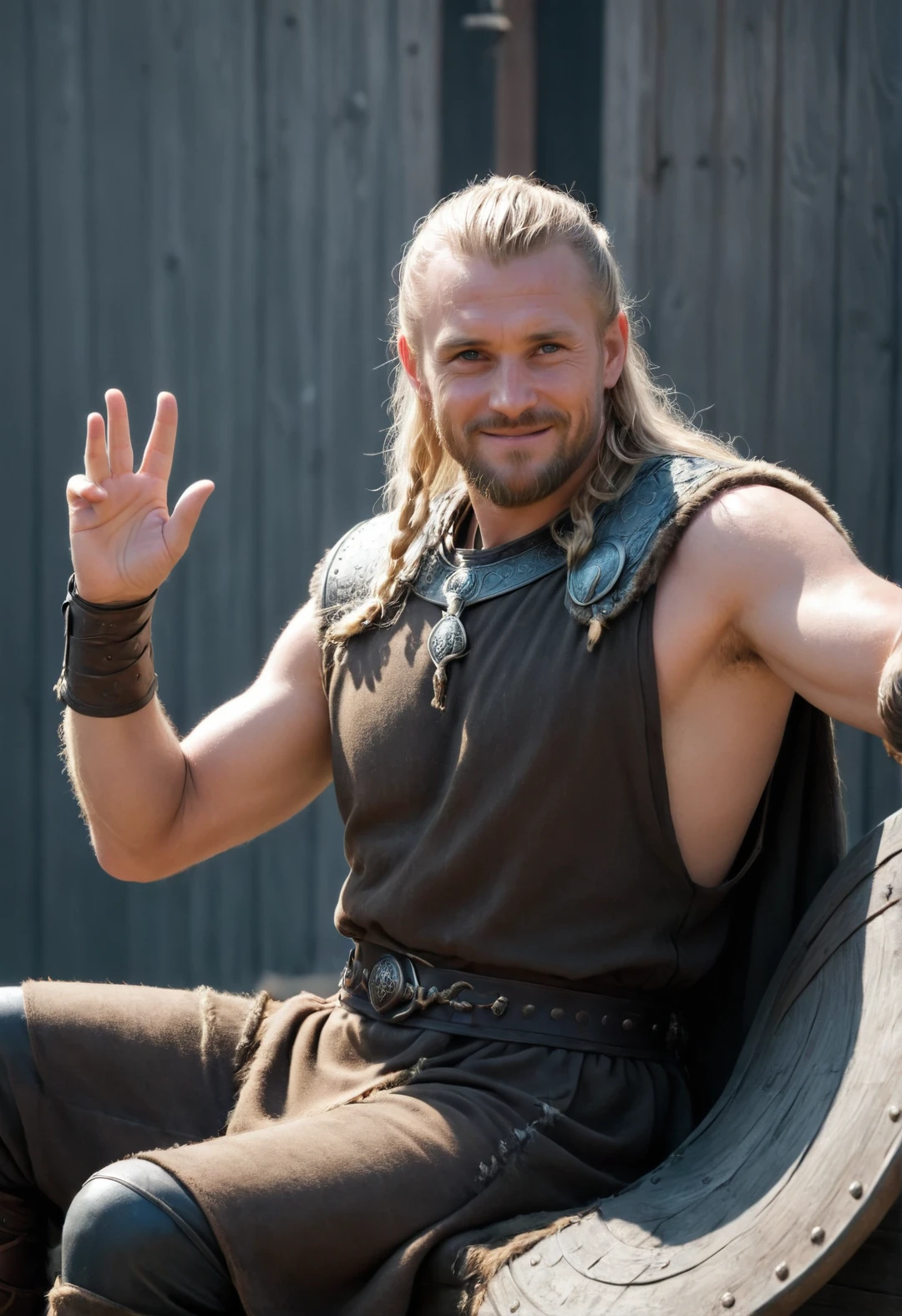 a photograph of highest quality a man is sitting and waving to a friend of screen, open hand, Nordic Viking, photograph, 100mm, zoom, harsh sun and shadows, outside, ancient warrior, happy, haze, atmosphere, humid