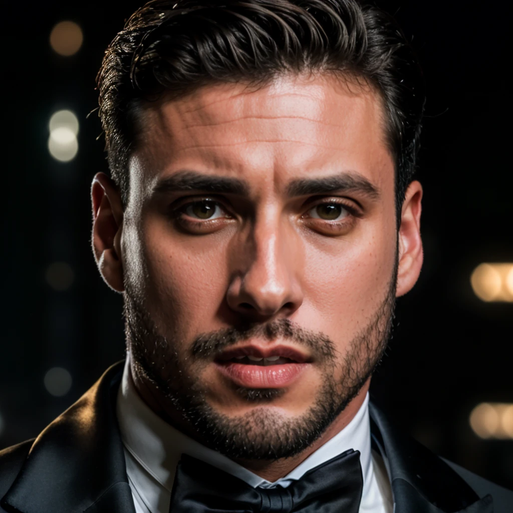 face portrait of ramirolozano person using a tuxedo, in blade runner, professional photography, high resolution, 4k, detailed photo,  <lora:ramirolozano_34200:1>