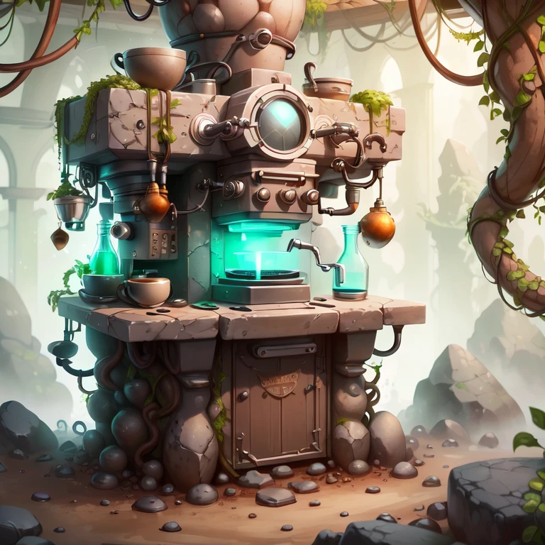 <lora:WorldofEarth:1>, worldofearth, coffee machine, on bar counter, rocks, vines,