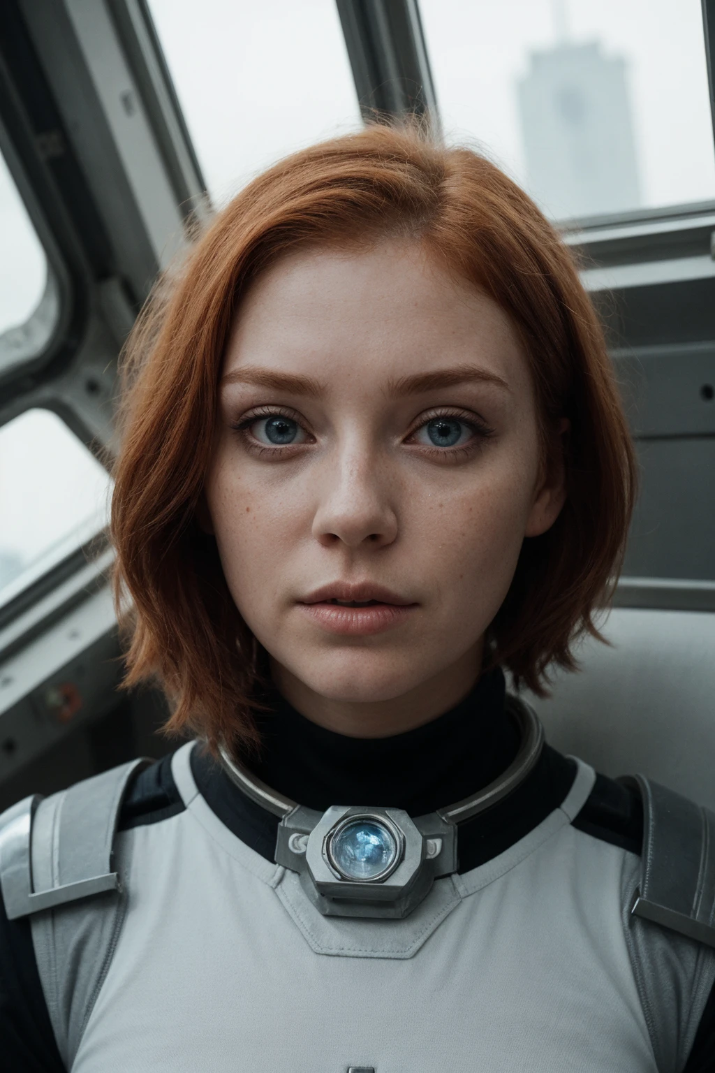 photo of a ginger woman, in space, futuristic space suit, (freckles:0.8) cute face, sci-fi, dystopian, detailed eyes, blue eyes