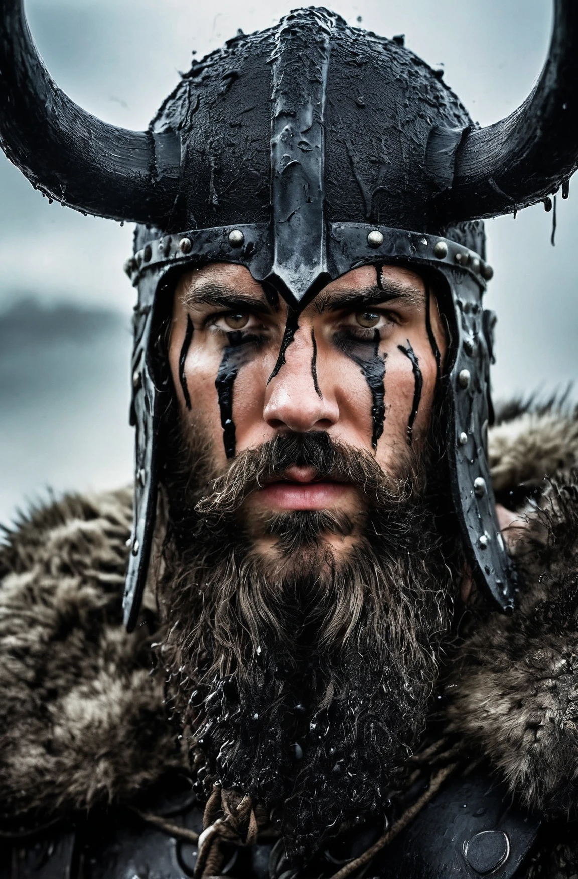 A close-up shot of a fierce Viking King, covered in dripping wet black mud, wearing a dark metal helmet with imposing black horns. His dark warpaint and scruffy black beard emphasize his angry expression, while a scar on his face tells a story of battles fought. The scene is bathed in cinematic lighting with dramatic volumetric rays, creating a moody and intense atmosphere. The Viking King grips his menacing Viking Axe