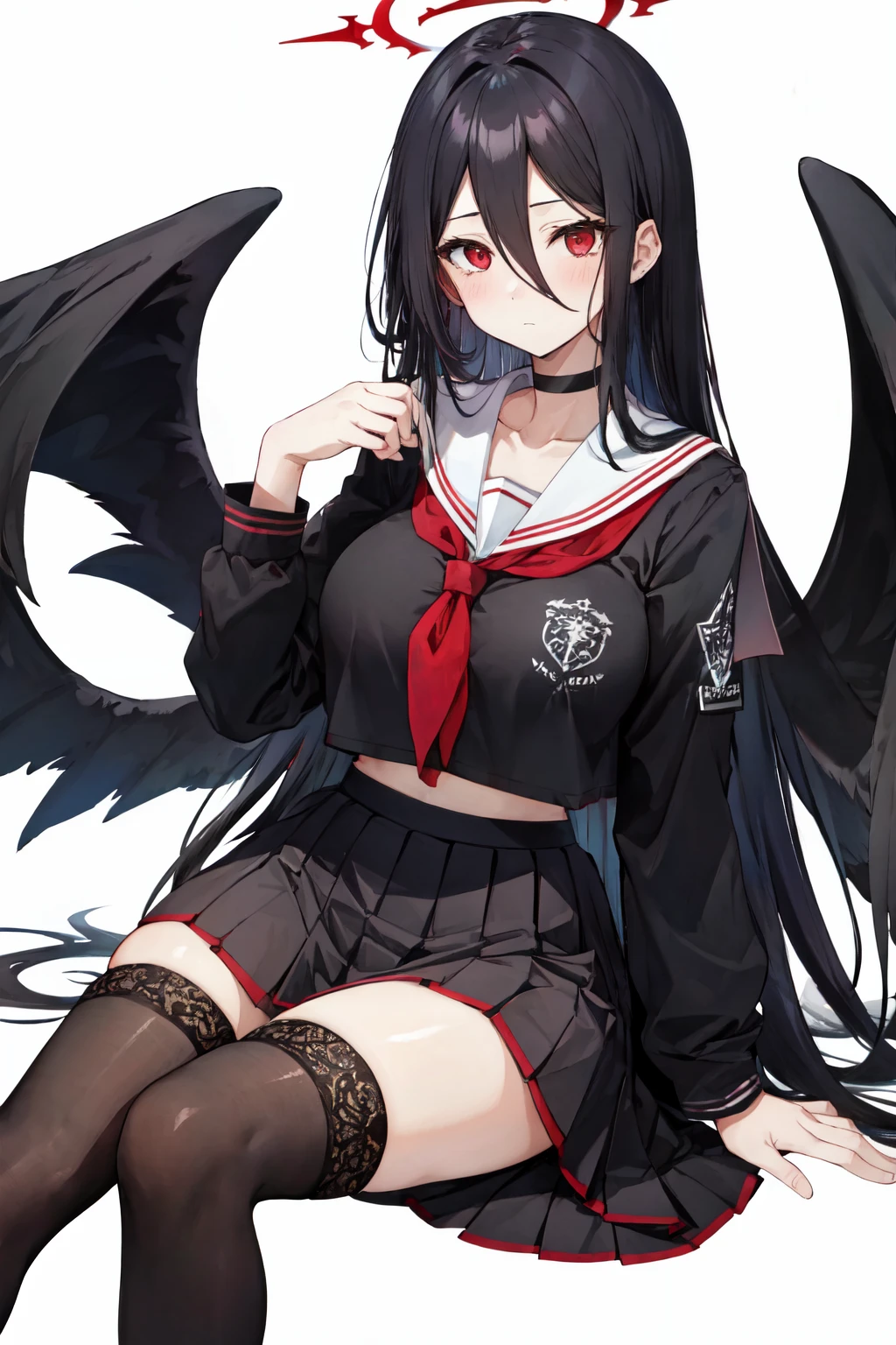 <lora:hasumi-v2:1>  hasumi ba, very long hair, long hair, skirt, choker, solo, school uniform, black thighhighs, black serafuku, black hair, sitting, white background, wings, large breasts, blush, black skirt, serafuku, 1girl, black choker, looking at viewer, hair between eyes, parfait, red eyes, black wings, thighhighs ,halo