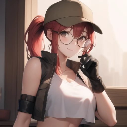 (masterpiece, best quality:1.2),illustration,8k,hd,1girl,solo,upper body,(portrait:1.2),large breasts,round eyewear,hat,crop top,midriff,gloves,navel,baseball cap,knee pads,short shorts,ponytail,boots,brown eyes,brown shorts,belt,smile,fanny pack,brown headwear,red hair,hip vent,tank top,long hair,vest,<lora:Fio Germi>,
