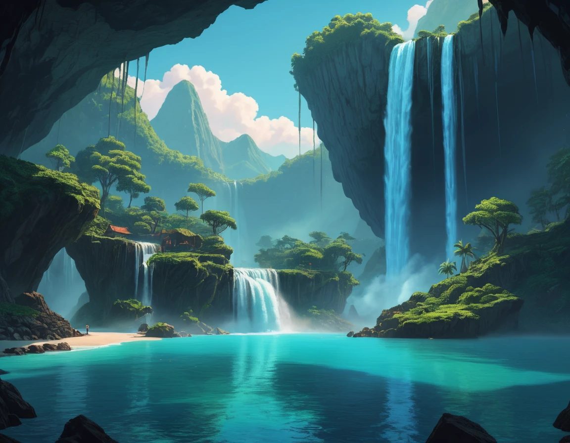 Grunge style (Rough sketch:1.3) <lora:FFai.0060.Xl3experimentalsd10xl_V10.lora:1> a close up of a cave with a waterfall and a waterfall, beautiful detailed pixel art, dan mumford. maya render, magical cave, ultra detailed game art, beautiful fantasy cave scene, dan mumford. concept art, 4k highly detailed digital art, deep jungle from another world, mythical gigantic space cavern, in the art style of dan mumford, 4k detailed digital art, scenery, no humans, water, aircraft, tree, nature, outdoors, cave, waterfall Rising steam emanates from a cup of coffee, transforming it into a vessel of imagination. The rich aroma permeates the air, captivating the senses. The hot coffee fills the cup, inviting viewers to indulge in its comforting warmth. A hint of hot chocolate adds an element of decadence to the scene. The white steam, elegantly curling to the side, becomes a visual spectacle, evoking a sense of anticipation. The coffee cup, saucer, and plate set the stage for this captivating still life, focusing solely on the enticing nature of the drink. Against a blue background, the scene exudes tranquility and invites contemplation. a background, intricate art, ship surreal bottle, in render, miniature, 3d humans, no sky, illustration, with very highly gradient bird, bottle detailed, rendered 3 scenery, ship, gradient, cloud, detailed water, high epic island d there illustrations, ocean is beautiful watercraft, fantasy, small inside, render digital, no humans, watercraft, bird, sky, scenery, water,(Red hue:1.3) . Textured, distressed, vintage, edgy, punk rock vibe, dirty, noisy