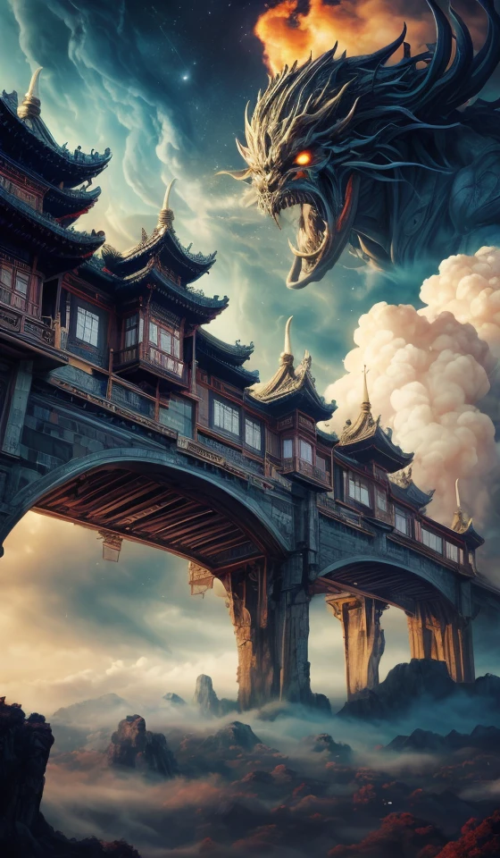 DUNGHUANG,DUNGHUANG BACKGROUND,on the sky,on the clouds,Fairyland, surrounded by clouds and smoke, oriental palace bridge, monster, abstract dream, space, intricate, grand scale, alone, cinematic film still, insane detail, sharp focus, depth of field, realistic lighting, (realistic perspective), complex, (multiple subjects), 4k HDR, <lora:add_detail:0.5> <lora:more_details:0.25> <lora:FantasyWorldV1:0.25>