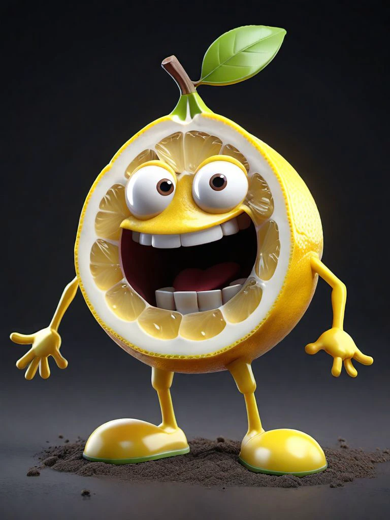 a lemon sliced but happy, black cyclo, European and American (cartoon:1.3) game asset, toy, rounded, cute, 3D object, absurd proportions, absurd colors, stylized asset, stylised textures,  standing, (full body:1.5), hero pose,exaggerated proportions, intricate design, sense of nostalgia, exaggerated features, memorable look, consistent, coherent,  captivating, detailled parts, detailled floor, textured socle, dusty ground,  occlusion ambiant, ray tracing, hdr, arnold render, 4k, absurdres, hires, trending on artstation, master piece, intricate, simple darkgrey background, (black background:1.3), (rim lighting:0.3), realistic matte texture, (sharp focus), (high quality),  <lora:xl_more_art-full_v1:0.3>,  <lora:br_max-000014:0.3>