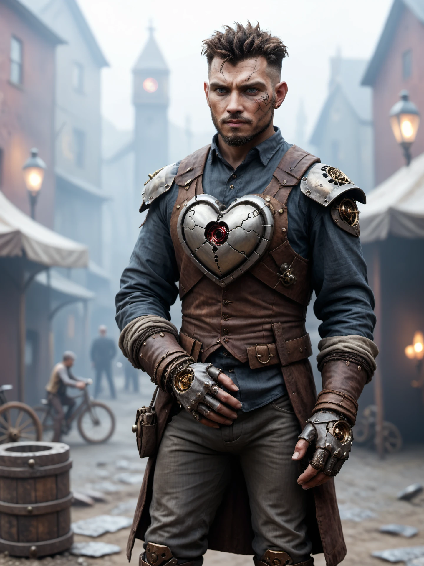 a man with an mechanical heart in his hand is standing in the middle of an a steampunk town, detailed, realistic, 8k uhd, high quality