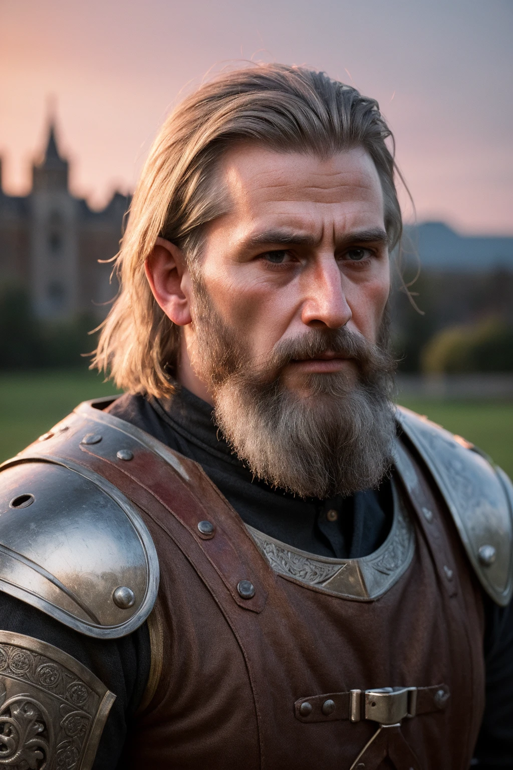 nighttime, wearing medieval armor, medieval castle in background, photo of old warrior man with silver beard, long silver hair, wrinkled skin, the best picture, scars on face, (highly detailed face:1.4), pale skin, (detailed skin texture:1.2), (red sky:1.2), ultrarealistic, (volumetric light:1.2), dramatic lighting, (photorealistic:1.3), (masterpiece:1.40), (extremely detailed:1.3), 8k, (best quality:1.3), (intricate details:1.3), subsurface scattering,