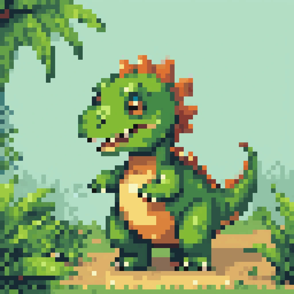 A cute dinossaur, pixel art, PixArFK, <lora:PixelArtRedmond-Lite64:1>