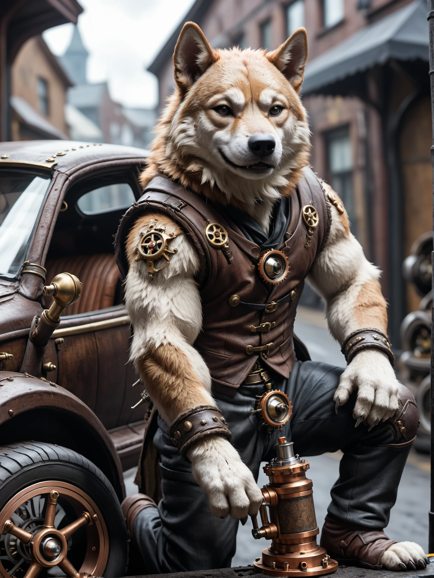 an shiba inu mechanic is repairing his steampunk car, detailed, realistic, 8k uhd, high quality