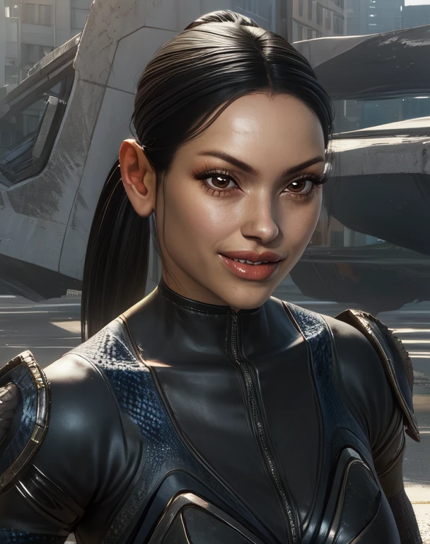 faye,  ponytail, lips, black hair,  brown eyes, 
black body suit, armor,  
 looking at viewer,   solo,  standing,  upper body,  smile, 
city, futuristic, 
 (insanely detailed, beautiful detailed face, masterpiece, best quality),
 <lora:faye:0.8>