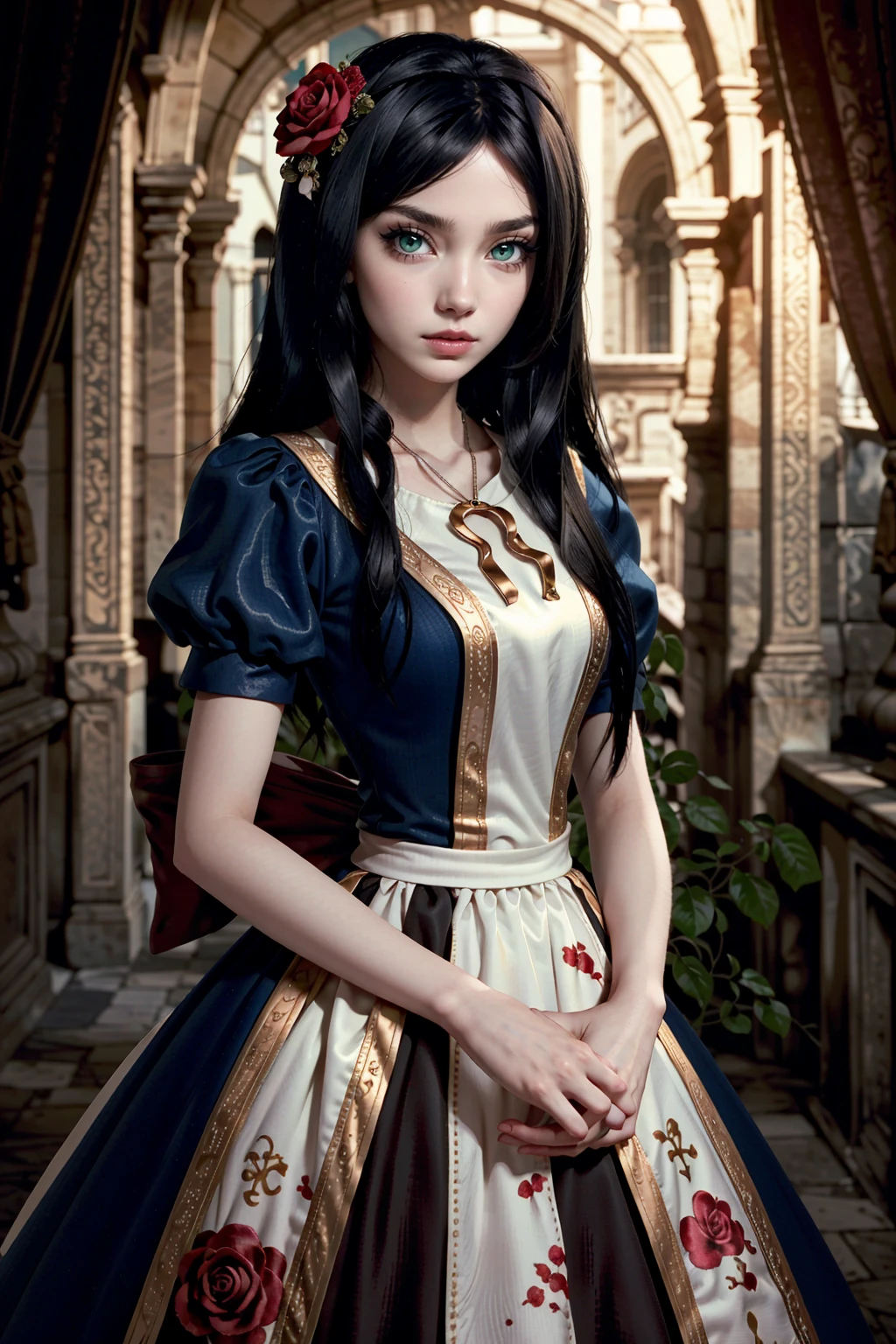 (masterpiece, best quality)
AliceHorror, 1girl, solo, black hair, flower, hair ornament, hair flower, pale skin, makeup, long hair, green eyes, dress, lipstick, necklace, jewelry, rose, looking at viewer, red lips
<lora:epi_noiseoffset2:1>, <lora:AliceHorror:0.8>