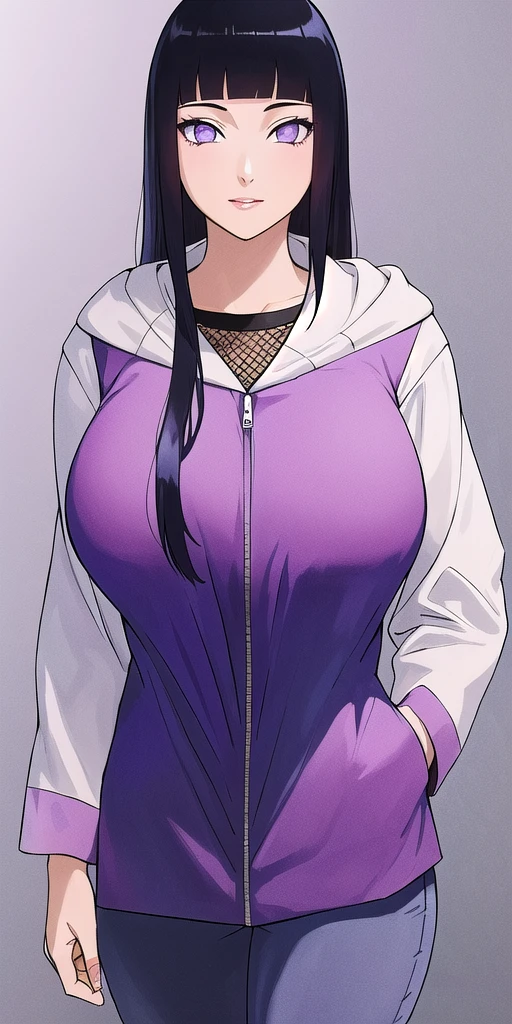 best quality, masterpiece, 1girl, (solo:1.1), raytracing, ultra detailed,detailed face, 8k wallpaper, (medium breasts, wide hips:1.2), <lora:more_details:1>, HinataHyuugaNDV, 1girl, black hair, medium hair, purple eyes, large breasts, white eyes, fishnets,  <lora:HinataHyuugaNDV:0.7>, sports jacket, pants, outdoor
