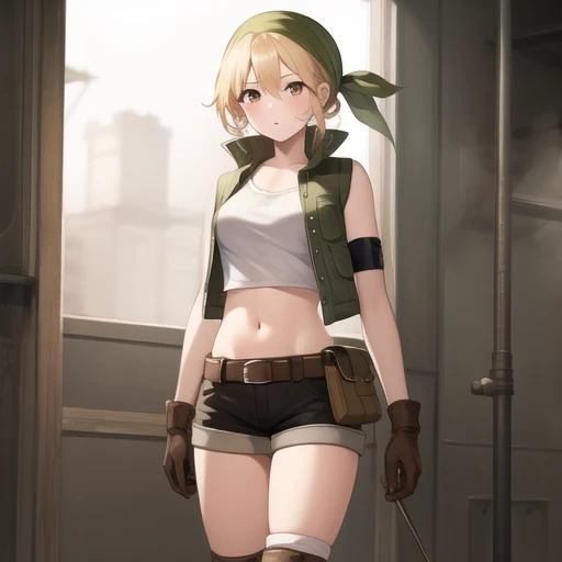 (masterpiece, best quality:1.2),illustration,8k,hd,1girl,solo,cowboy shot,bandana,medium breasts,shorts,blonde hair,knee pads,gloves,midriff,crop top,brown eyes,navel,boots,short shorts,belt,socks,tank top,brown footwear,hip vent,pouch,vest,<lora:Eri Kasamoto>,