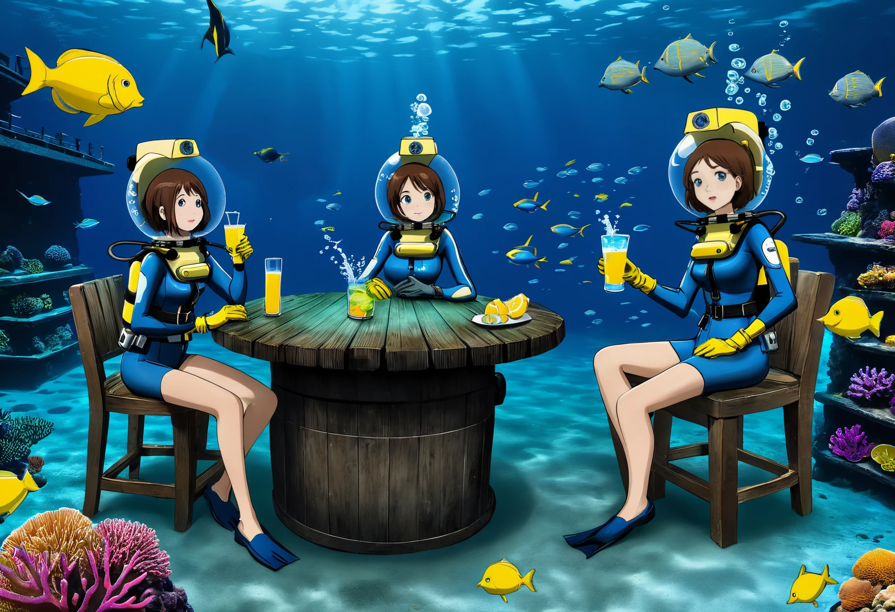 Pretty female scuba diver, having a drink in an underwater bar, tropical cocktail with straw little umbrella and lemon slice, rustic chairs, counters, (mature), ((full body diving suit)), gloves, medium breasts, (multiple girls:1.2), [flower in the hair], ((underwater)), weight belt, ((lama scuba helmet)), (black fins), (swimming), 1girl, fish school, fish, (coral reef), (alguae:1.3), ((deep sea)), (ocean abyss), ((dim blue lighting)), ((caustic effects)), detailed face, ((perfect anatomy)), ((perfectly drawn face)), ((perfectly drawn hands)), ((perfectly drawn eyes)), wide angle view, best quality, masterpiece, ultra high res, ultra detailed, sharp focus, <lora:lama_scuba_helmet_xl-000012:0.85>