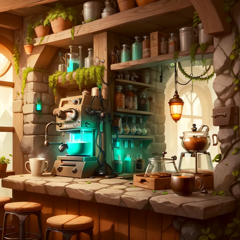 <lora:WorldofEarth:1>, worldofearth, coffee machine, on bar counter, tavern background, rocks, vines,