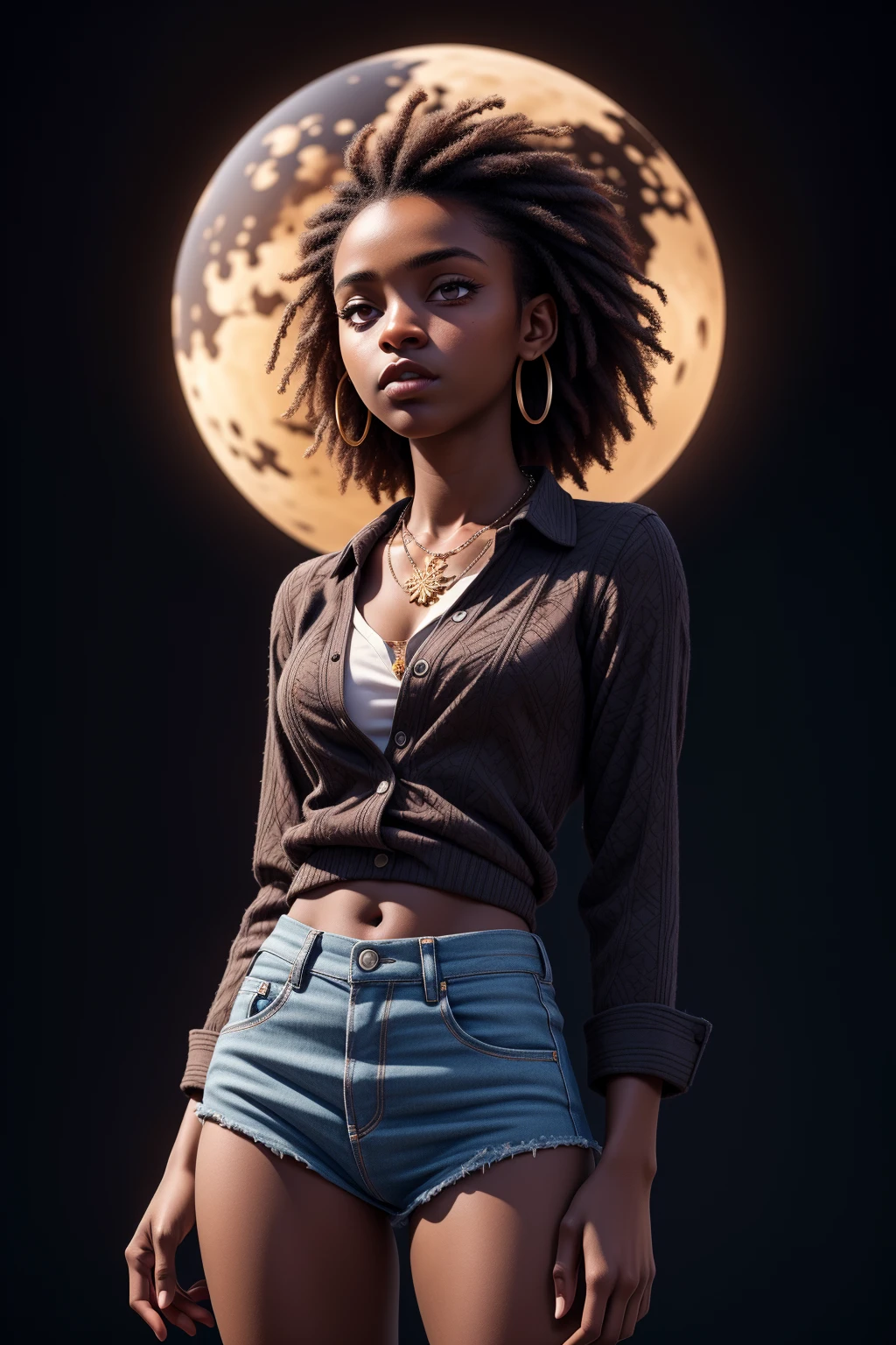 masterpiece, best quality, ultra high res, 1 dark skinned African girl, (fractal art:1.3), deep shadow, dark theme, fully clothed, necklace, forlorn, cowboy shot<lora:add_detail:1>