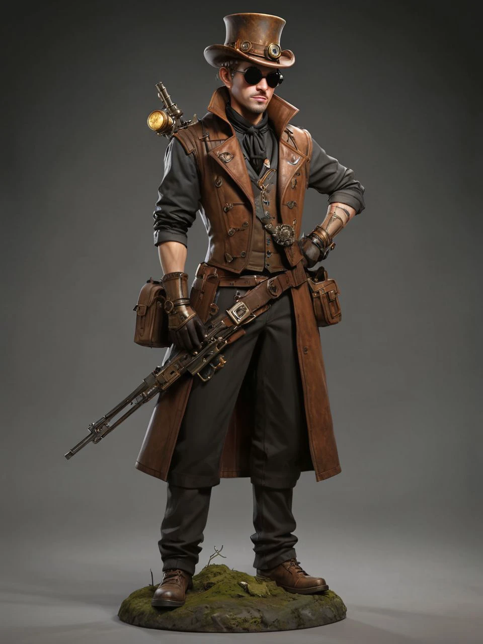 steampunk engineer, complexe outfits, extravagants assets, large mechanical googles, rococo clothes, 3d character, game (cartoon:0.5) character,  3d render, trending on artstation, concept, small, 1person, (full body:1.4), wide angle, 50mm, skinny,scars, blood on clothes,night, thin, hero pose, deciduous, (freckles:0.741), dirty clothes, thorns,goosebumps, gentle face, subtle smiling, cool person, (holding weapon:1.3) , full body<lora:RPGGoblinXL:0.05> <lora:Grungy_Picture_SDXL_V1:1> <lora:filmicVibesXL_v1.1:1> <lora:bynightPortraits-XL:0.6>, subsurface scattering, arnold render, xgen, trending on artstation, master piece, intricate, black background, rim lighting