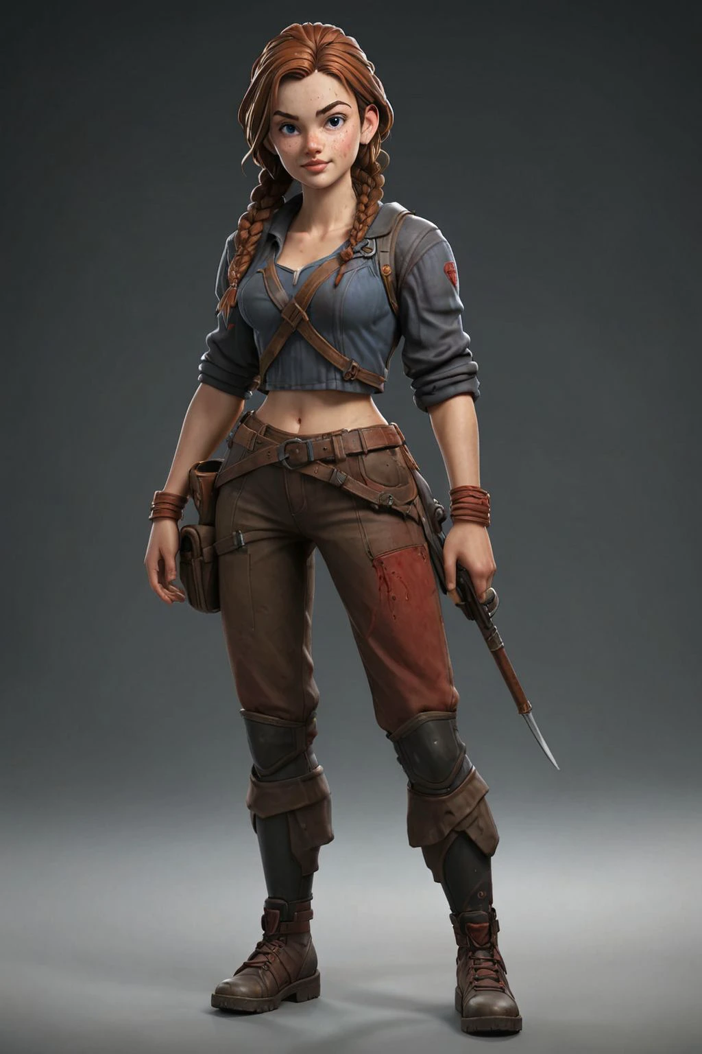 3d character, game character, 3d render, trending on artstation, 20 years old, fantasy concept, pretty face, long braided hairs, half skinned cut, gentle expression, smiling, adventurer, ready,skinny,scar,blood on medieval clothes,night, subsurface scattering, rim light, dark gradient background, detailled socle, grass and pebbles, rocky ground, holding weapon , full body, 16mm, <lora:RPGGoblinXL:0.15> <lora:Grungy_Picture_SDXL_V1:1> <lora:filmicVibesXL_v1.1:1> <lora:bynightPortraits-XL:0.25>