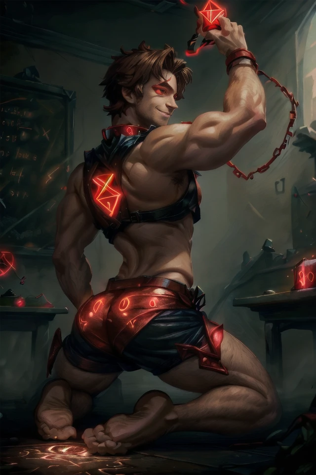 Disney style, (masterpiece), HD, 8K, perfect face, detailed face, expressive eyes, detailed hands,;
1man, 20 years old, solo, handsome, short hair, brown hair, ((red glowing eyes)), body hair, hairy thighs, wearing dog collar, red military uniform, shorts, VPL, exposed chest, smirk, grin, magic circle, vivid colors, warm colors, kneeling_ass;
GlowingRunes_red;
spellcaster, casting a spell, holding magic gem, glowing red gems, looking at viewer over shoulder, cowboy shot, cozy atmosphere, classroom, dynamic pose;
<lora:GlowingRunesAIv4:1.4>, <lora:KneelingAss v1:1>