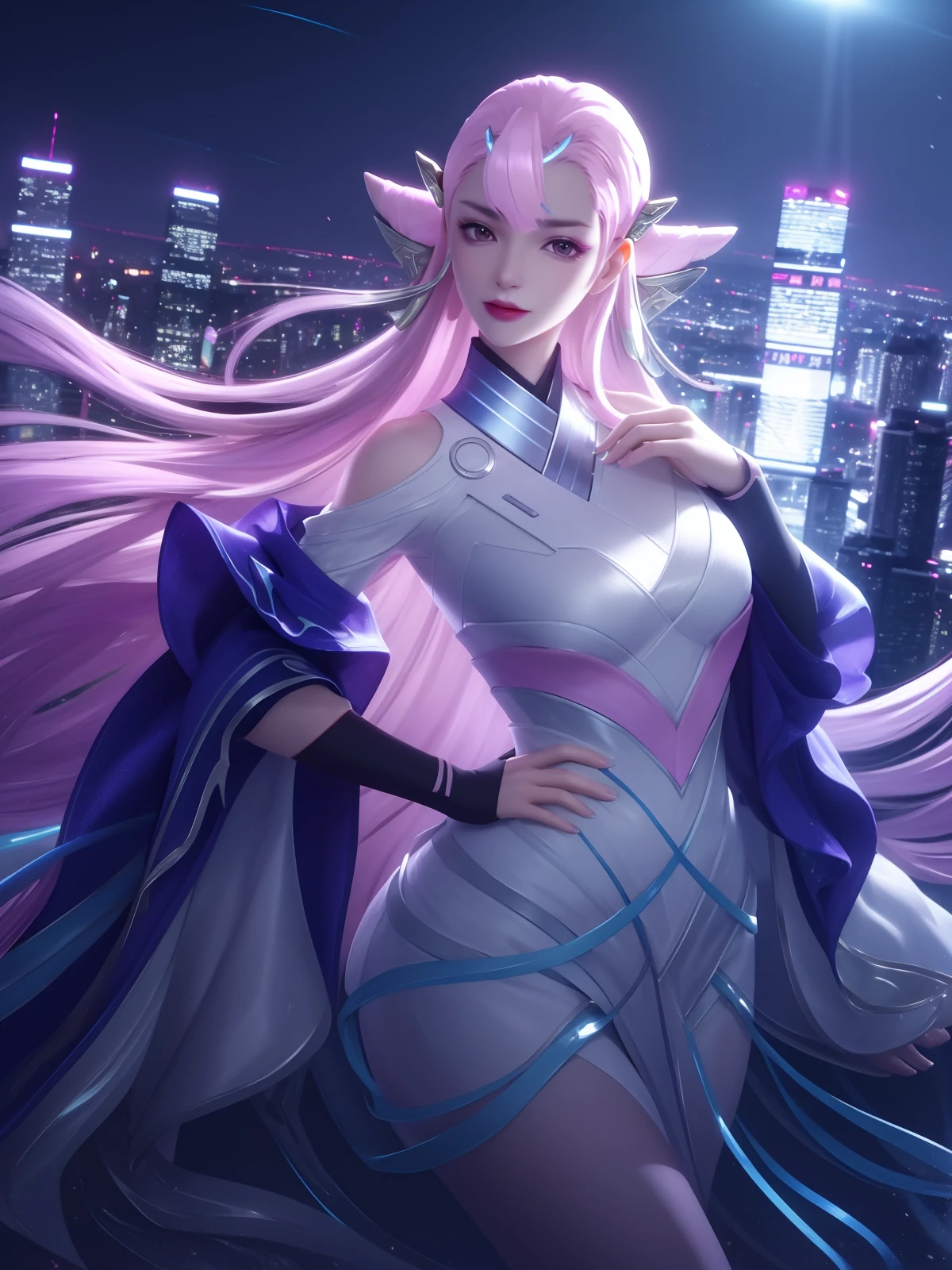 WZRYdiaochanMWHY, 1girl, long hair, solo, pink hair,wide sleeves,dress,headgear,bangs,pink eyes,glowing,double bun,  <lora:WZRYdiaochanMWHYxxii:0.75>,cityscape, night,looking at viewer, mature female, cowboy shot, hand on hip,