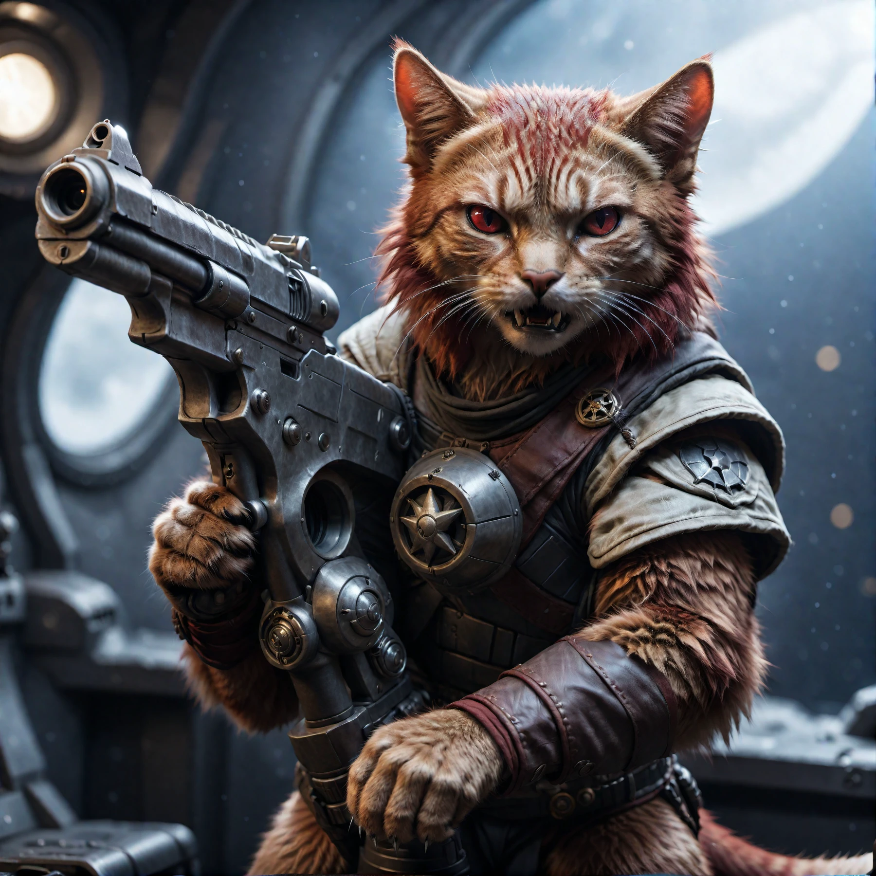 cinematic photo a detailed award winning photo, cute red haired cat space pirate on his spaceship ,realistic fur, fangs , angry, holding a big futuristic gun, epic pose, high quality photography, 3 point lighting, flash with softbox, 4k, Canon EOS R3, hdr, smooth, sharp focus, high resolution, award winning photo, 80mm, f2.8, bokeh . 35mm photograph, film, bokeh, professional, 4k, highly detailed