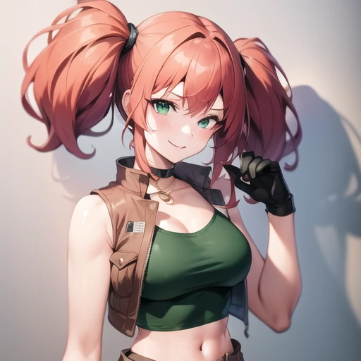 (masterpiece, best quality:1.2),illustration,medium breasts,8k,hd,1girl,solo,upper body,(portrait:1.2),twintails,brown shorts,midriff,navel,crop top,smile,belt,short shorts,tank top,green eyes,pink hair,vest,gloves,green shirt,knee pads,pouch,boots,brown footwear,socks,open clothes,<lora:Nadia Cassel>,