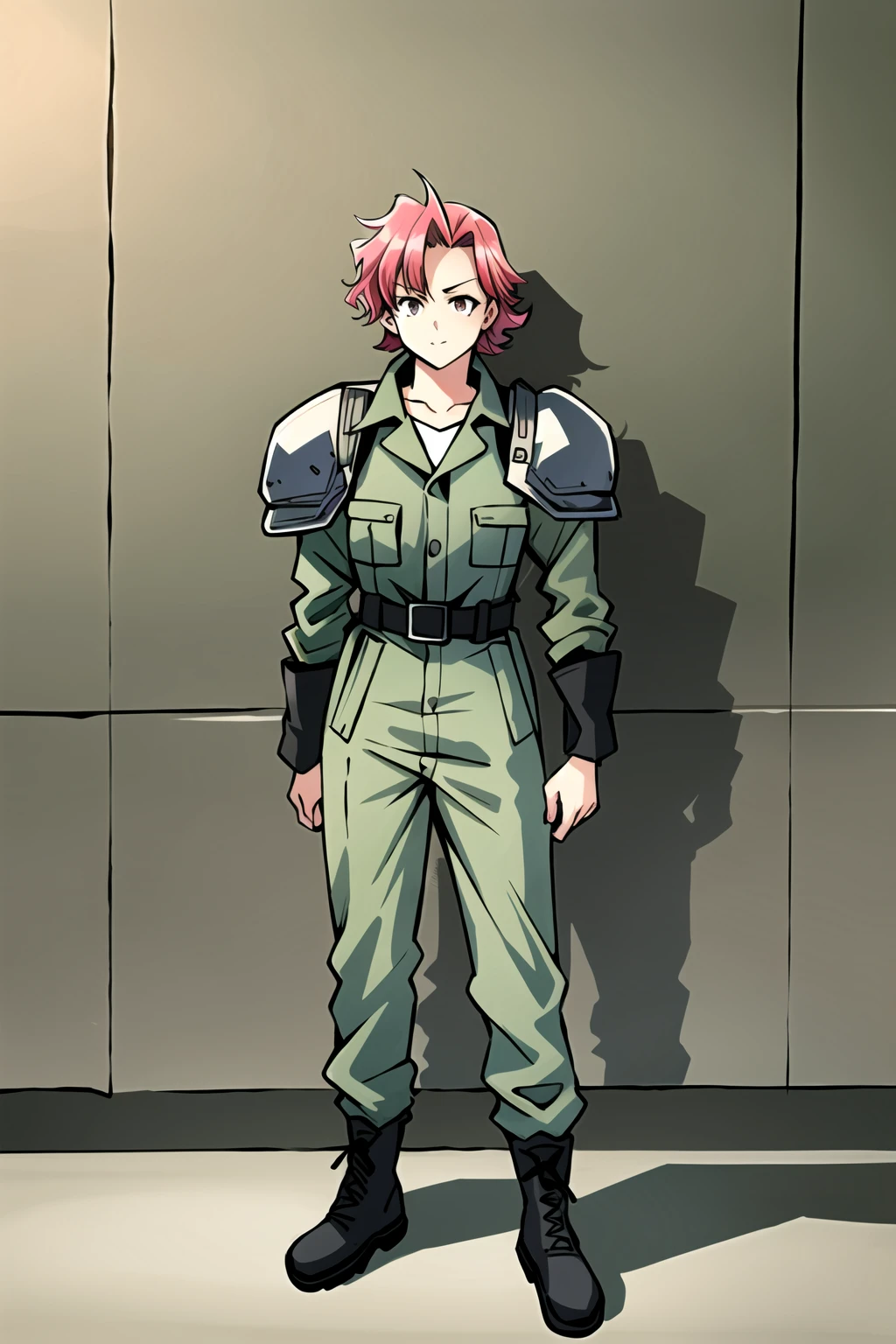 1girl,sarahsirenwhite,standing,facing viewer,armor,shoulder pads,pauldrons,uniform,jumpsuit,military uniform,pink hair,boots,full body,facing viewer,in concrete hangar, <lora:sarahsirenwhite1:0.6>,