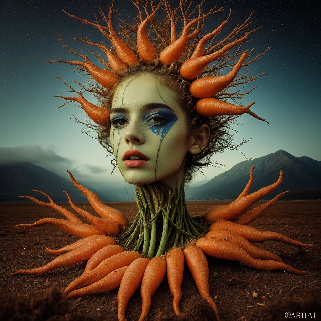 Hyperrealistic art a really great portrait of your only green bean, gritty journalistic surrealism, highly detailed a close up lively autumn singing carrot, piza, rocket in a biohaZard suit made of flaming hot cheetos on an alien planet: strange trees landscape, boneless branches, by WLOP, greg rutkowski, craola, tonic water, water drops, bubbles, delicious desserts all day long, otherworldly, sci-fi, wonderland, ethereal, creepy, scary, fantasy, astrophotography