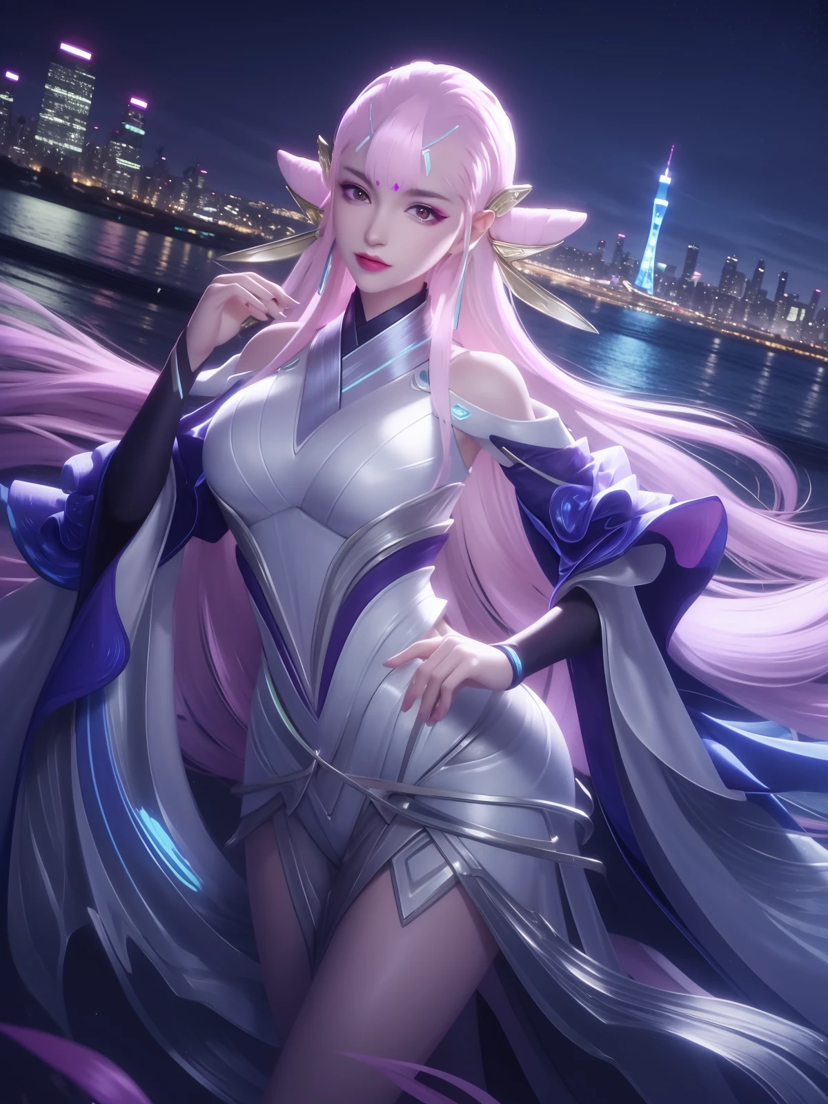WZRYdiaochanMWHY, 1girl, long hair, solo, pink hair,wide sleeves,dress,headgear,bangs,pink eyes,glowing,double bun,  <lora:WZRYdiaochanMWHYxxii:0.75>,cityscape, night,looking at viewer, mature female, cowboy shot, hand on hip,