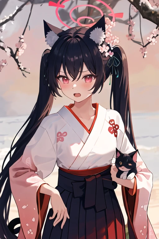 best quality, masterpiece, highres, solo, {serika_bluearchive:1.15}, animal_ears, black_hair, animal_ear_fluff, long_hair, cat_ears, red_eyes, bangs, halo, blush, twintails, ribbon, hair_ribbon, open_mouth, swimsuit, bikini, black_bikini, breasts, hair_between_eyes, very_long_hair, 1girl, flower, hair_flower, hair_ornament, japanese_clothes, kimono, ponytail, miko, animal, cat, hakama, hakama_skirt, looking_at_viewer, red_hakama, skirt, wide_sleeves, pink_eyes, white_kimono