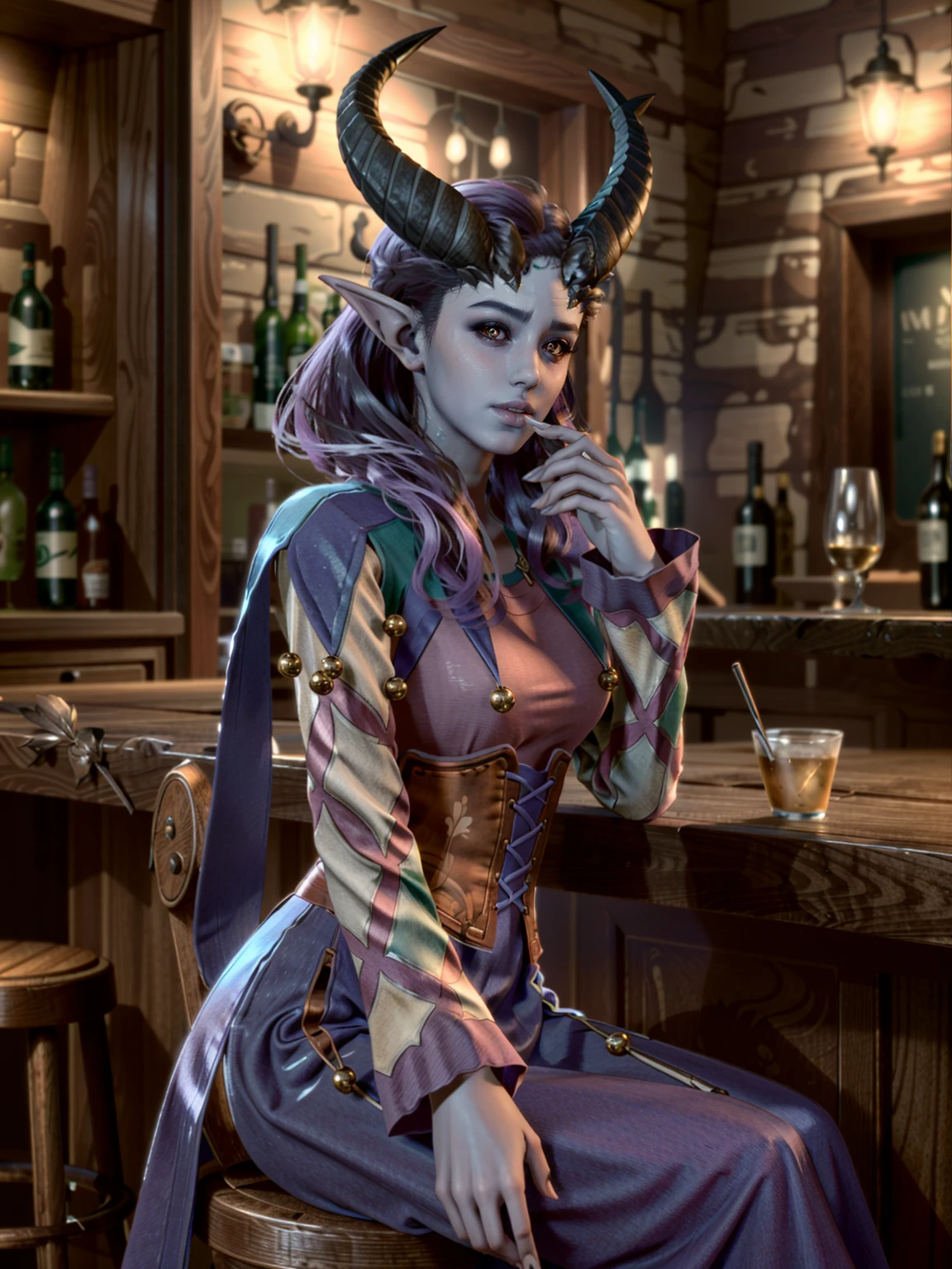 (masterpiece, best quality)
AlfiraBG, horns, pointy ears,1girl, purple hair, realistic,long hair, solo focus, sitting at a bar, cowboy shot
<lora:epi_noiseoffset2:1>, <lora:AlfiraBG:0.9>
