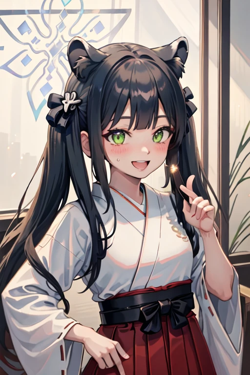 best quality, masterpiece, highres, solo, {white kimono:1.35}, {red hakama:1.35}, {wide sleeves:1.20}, {shun_bluearchive:1.15}, animal_ears, black_hair, bangs, long_hair, green_eyes, tiger_ears, animal_ear_fluff, blush, halo, smile, twintails, tiger_girl, open_mouth, hair_ornament